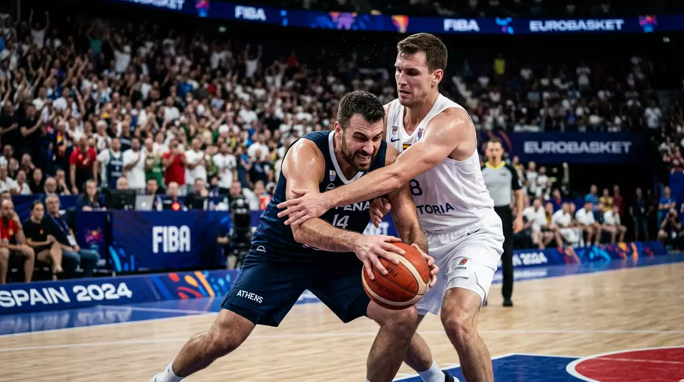 Jugadores de baloncesto europeo disputando un partido de play-ins de la BCL con intensidad