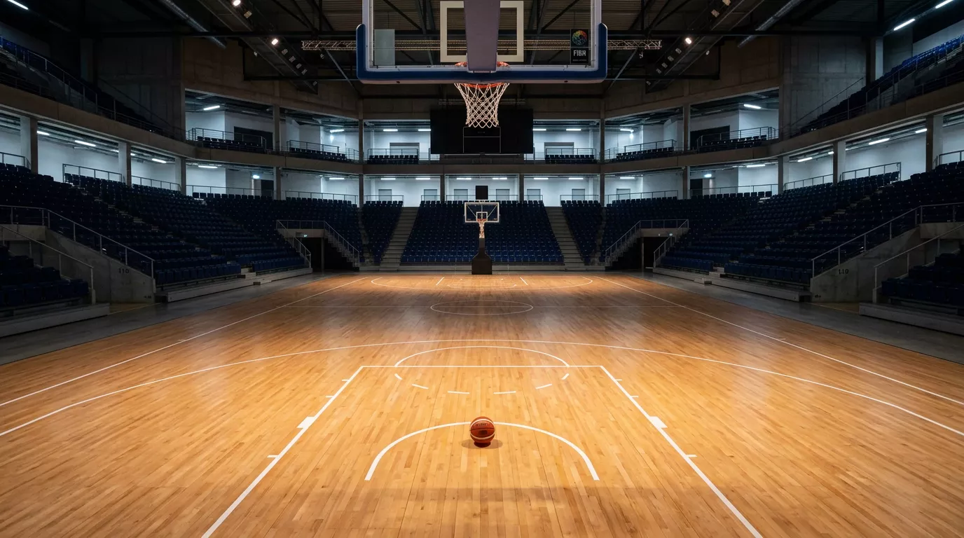 Cancha de baloncesto europeo durante un partido de la Basketball Champions League