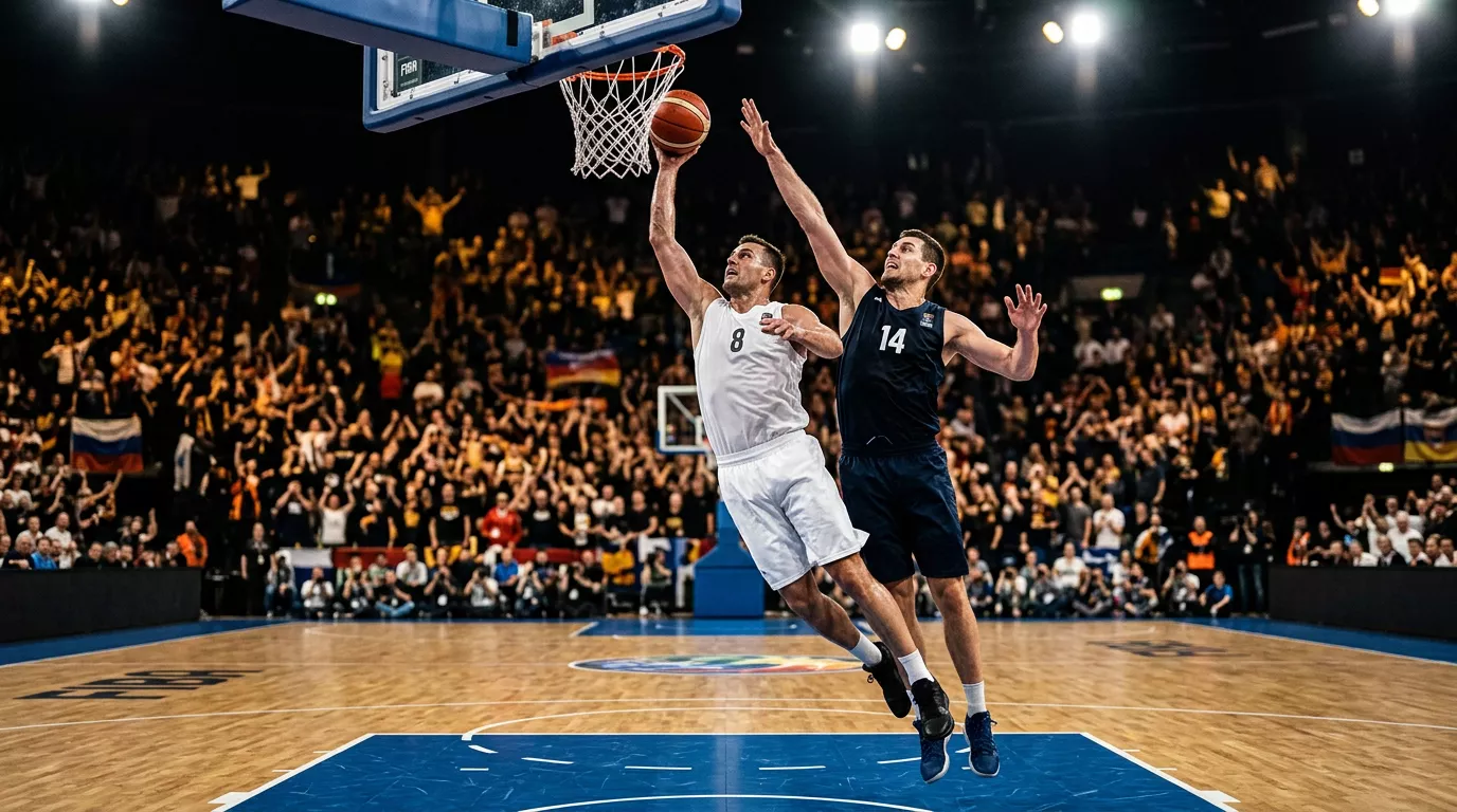 Jugadores de baloncesto europeo compitiendo en la Basketball Champions League con equipamiento BCL