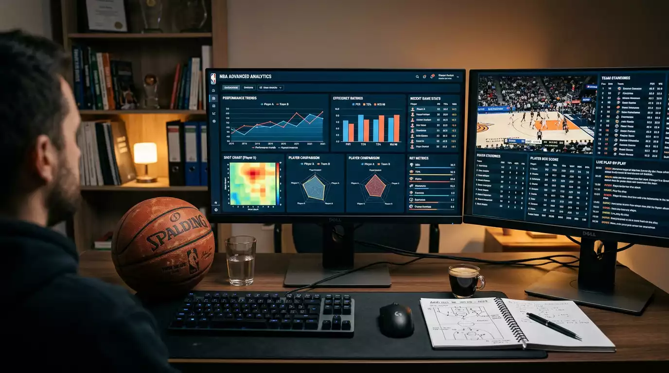 Panel de estadísticas avanzadas de baloncesto FIBA con métricas de eficiencia y ritmo de juego