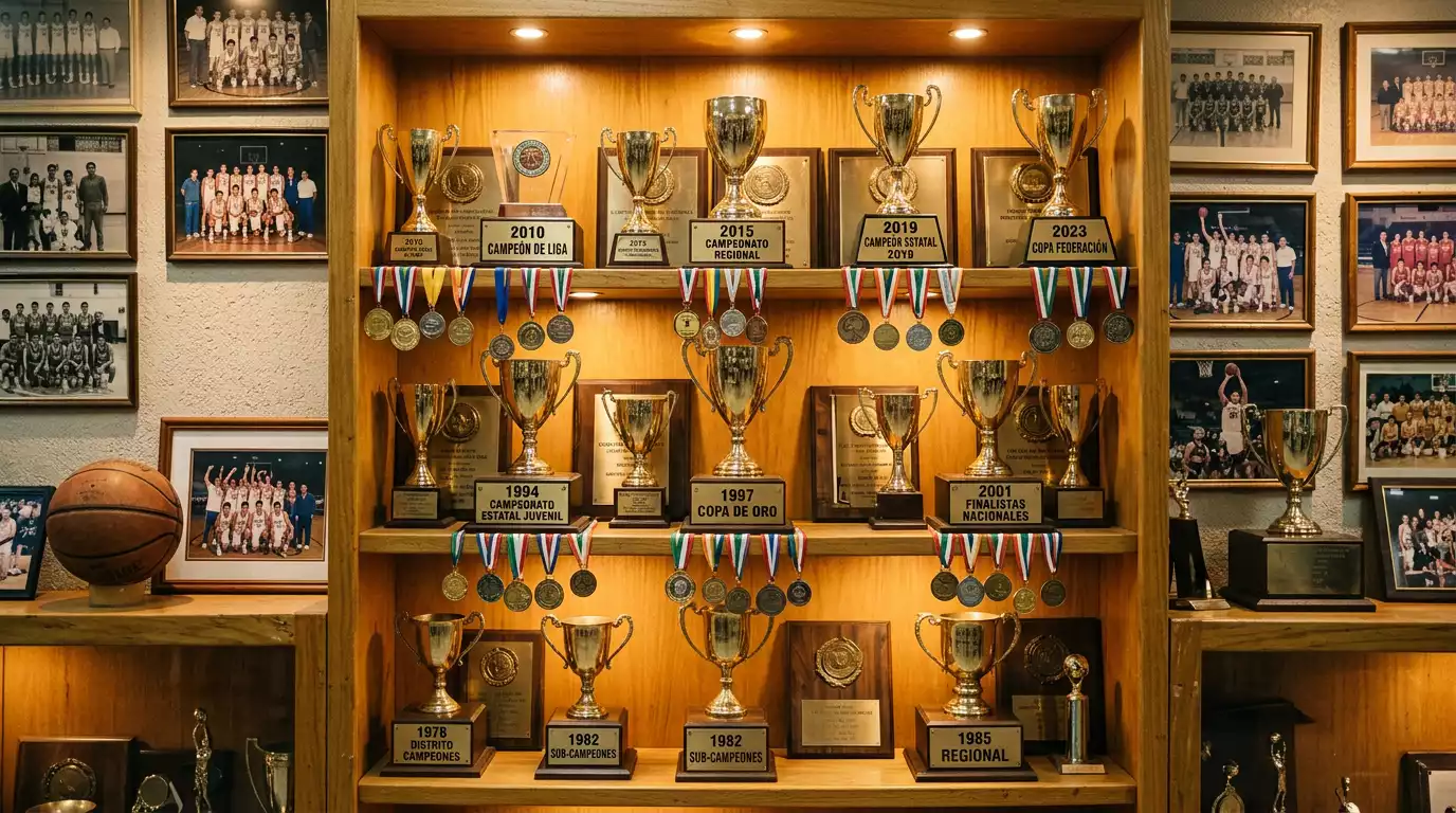 Trofeo de la Basketball Champions League con los escudos de los clubes campeones desde 2017