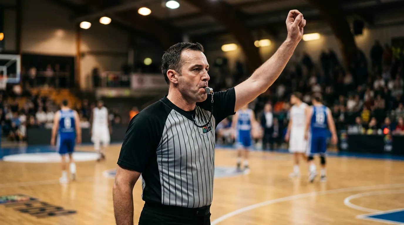 Arbitro señalando falta en un partido de baloncesto bajo reglas FIBA con cancha reglamentaria